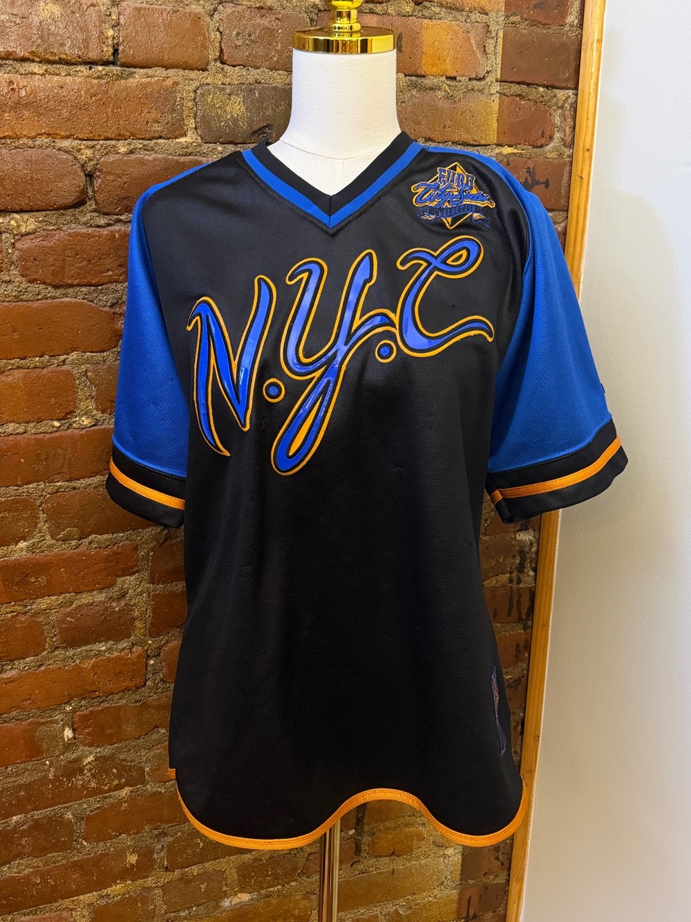 NYC Fubu Script Short Sleeve Jersey - Black & Royal Blue with Gold Trim